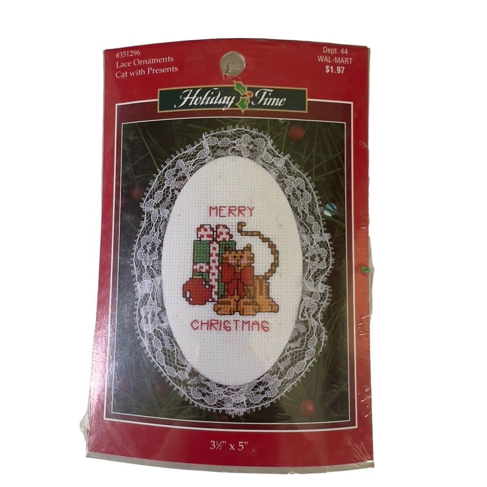 VTG Holiday Time Christmas Lace Cat w/Presents Cross Stitch Kit #351296 Ornament